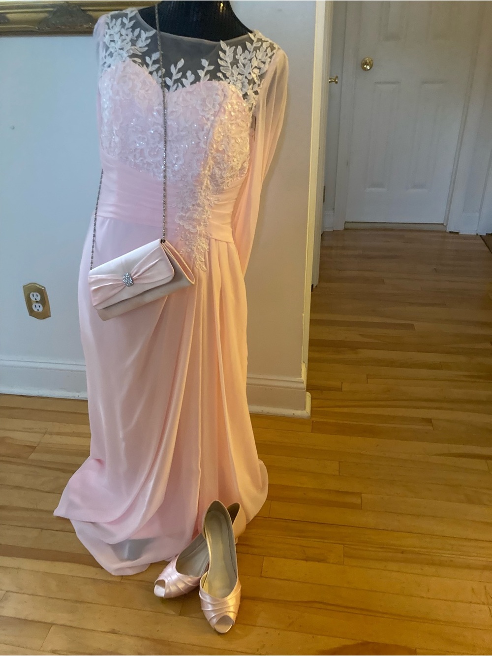 Blush Pink Embroidered Illusion Neck Maxi Dress